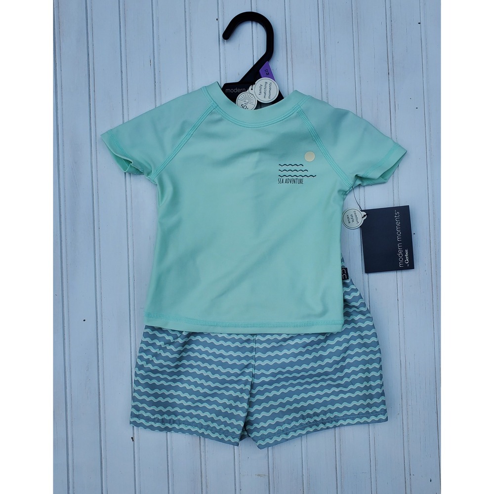 Modern Moments by Gerber Baby Boy 12M Rash Guard & Swim Trunks Set Green UPF 50+